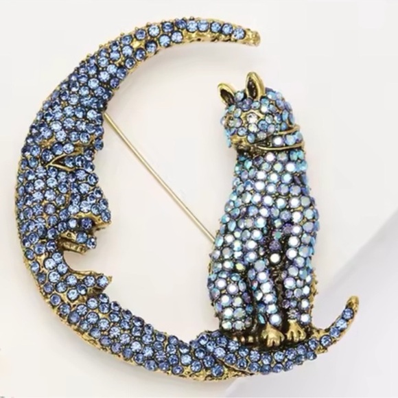 Betsey Johnson Jewelry - Betsey Johnson Blue and Gold Cat Moon Brooch